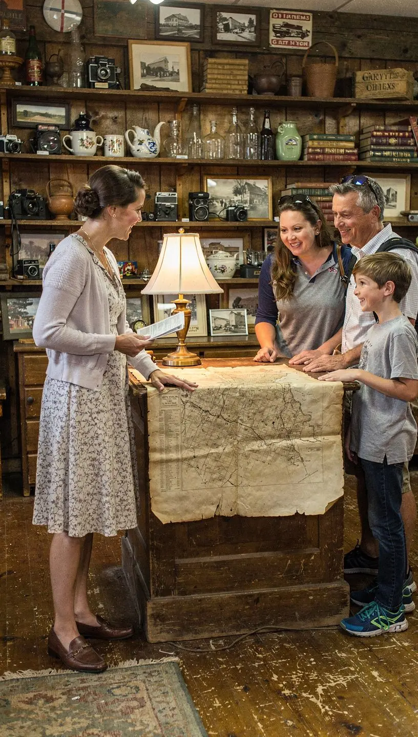 Przewodnik pokazujący uczestnikom trasę wśród tradycyjnych amerykańskich budynków wiejskich.