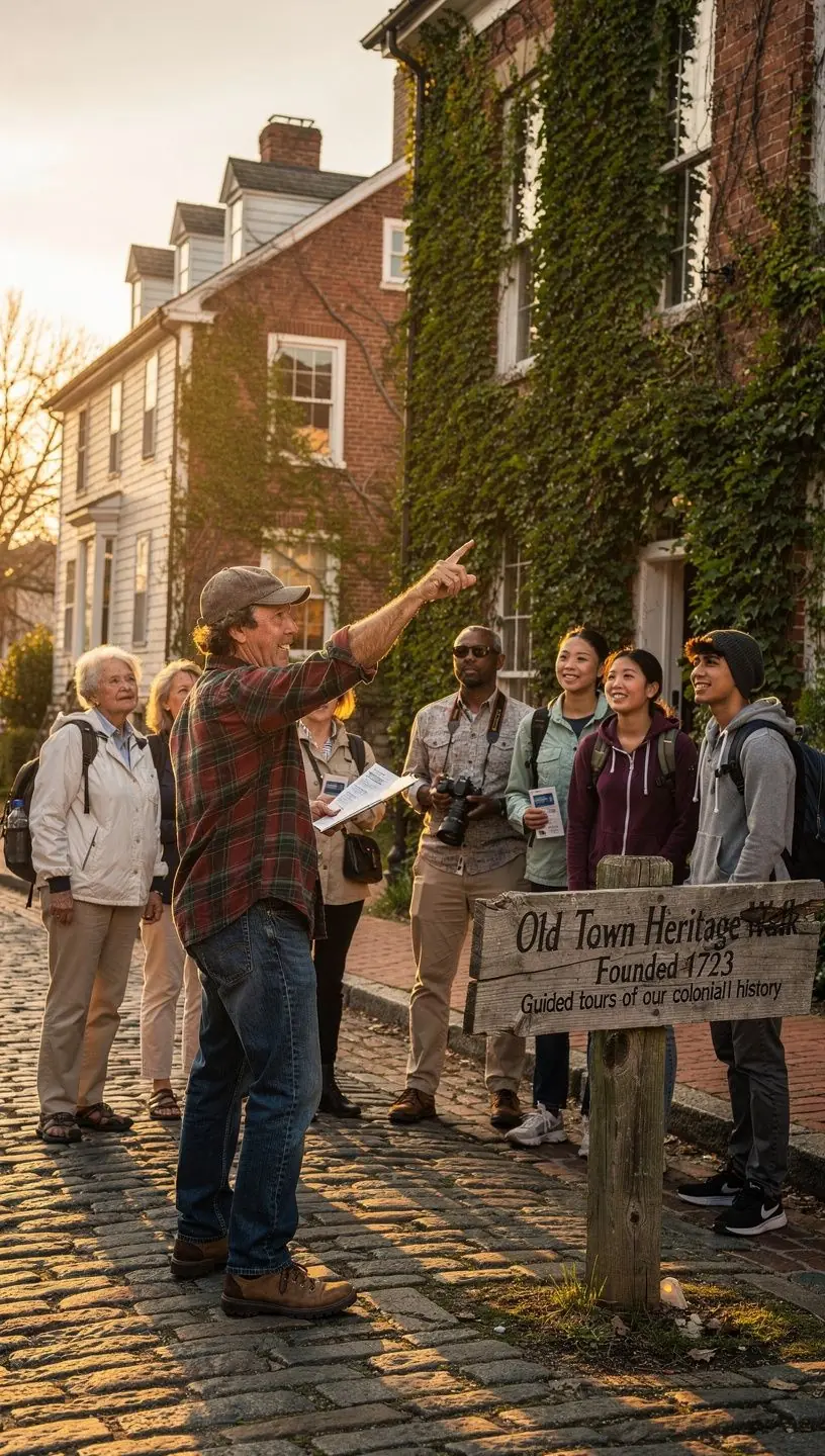 Grupa turystów zwiedzających historyczne zabytki w urokliwej, spokojnej okolicy.