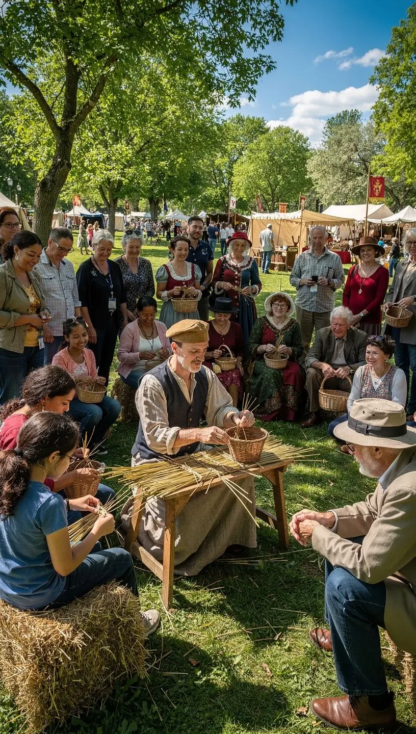 Spokojny poranek na farmie, gdzie turyści cieszą się śniadaniem na świeżym powietrzu.