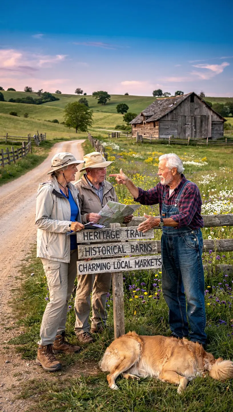 Spokojna poranna ścieżka wzdłuż historycznych zabytków, otoczona naturą.