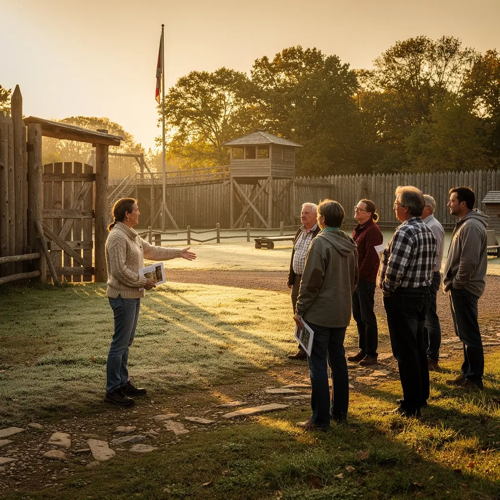 Grupa turystyczna planująca wycieczki po malowniczych, wiejskich regionach, otoczona zielonymi wzgórzami.