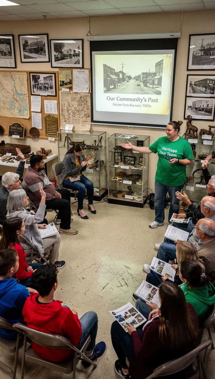 Sielski krajobraz z tradycyjnymi domami i zielonymi polami wczesnym rankiem.